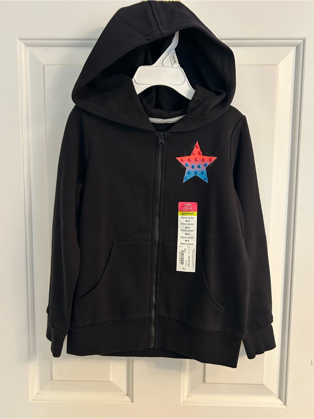 NWT-Girls okie dokie Black  Zip-Up Hoodie with Colorful Star Patch